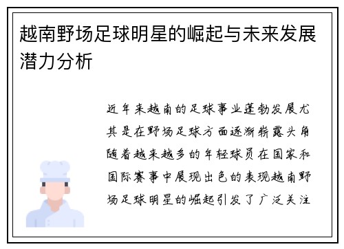 越南野场足球明星的崛起与未来发展潜力分析
